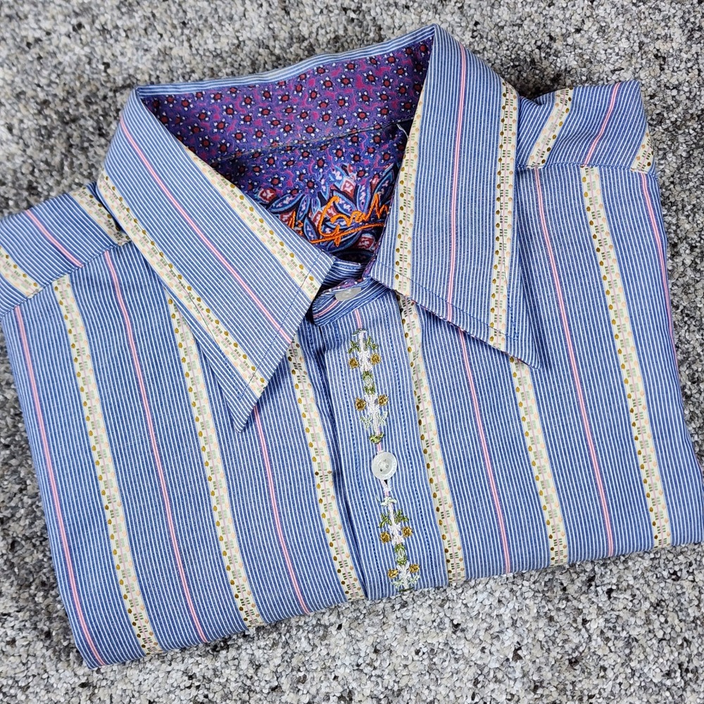 Robert Graham Button Down Shirt Mens Medium Blue Striped Embroidered Excellent